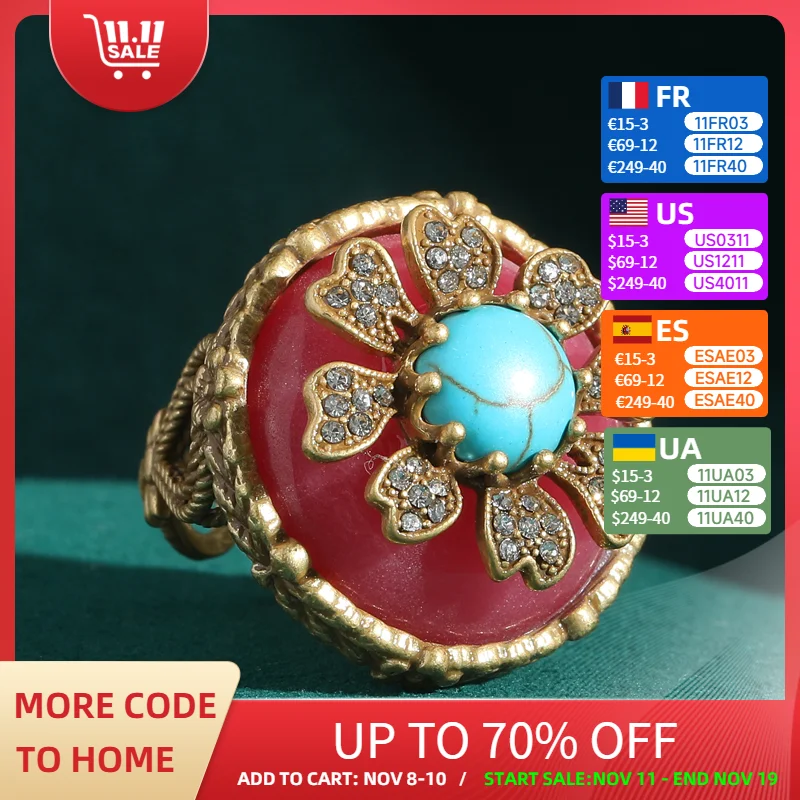 

Vintage Red Flower Ring Decoration Turquoise Luxury Quality Jewelry Rhinestones For Woman Silver Color Accessories Wedding 2025