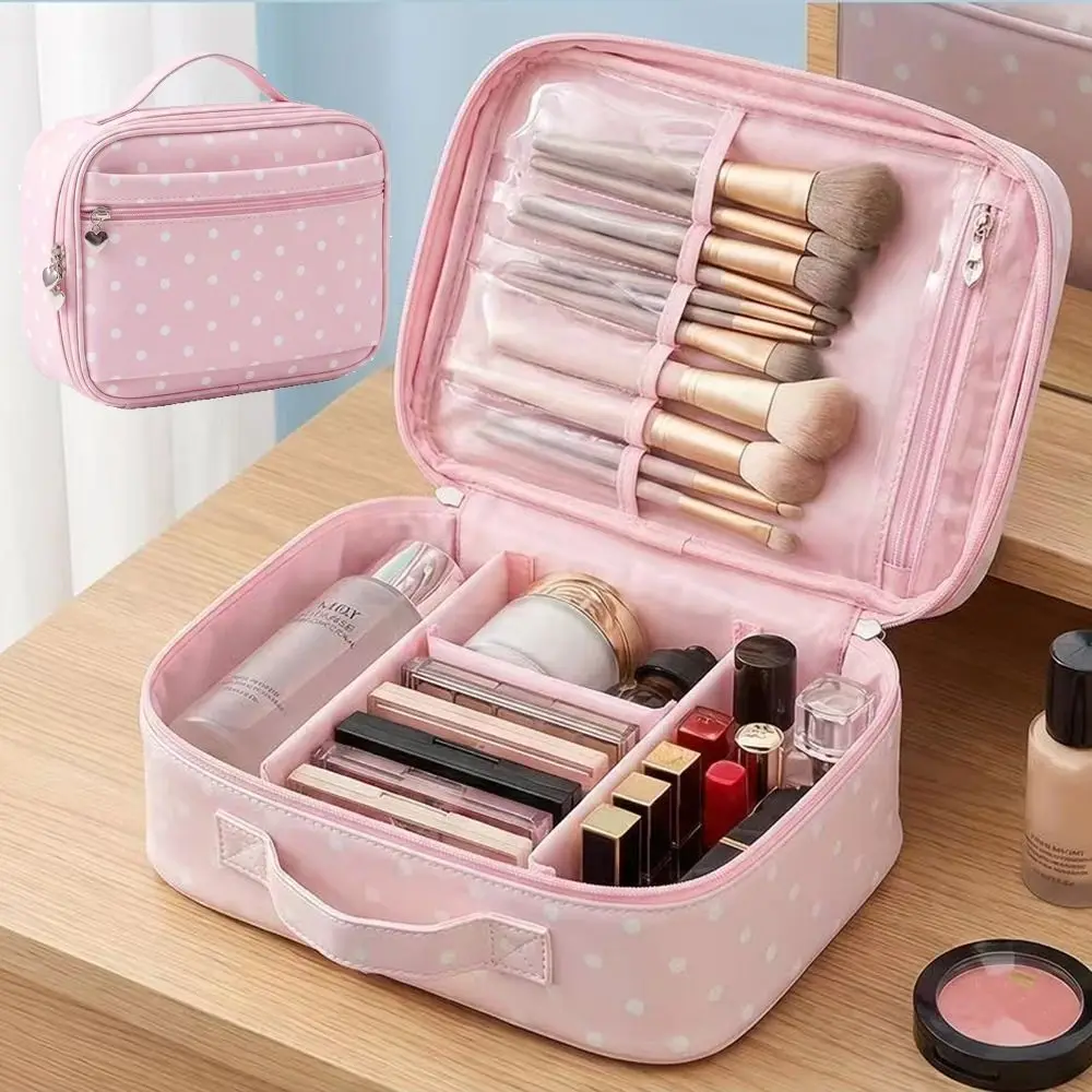 Large Capacity Handheld Makeup Bag Polka Dot Sturdy Handle Cosmetics Handbag PU Leather with Mirror Travel Wash Pack