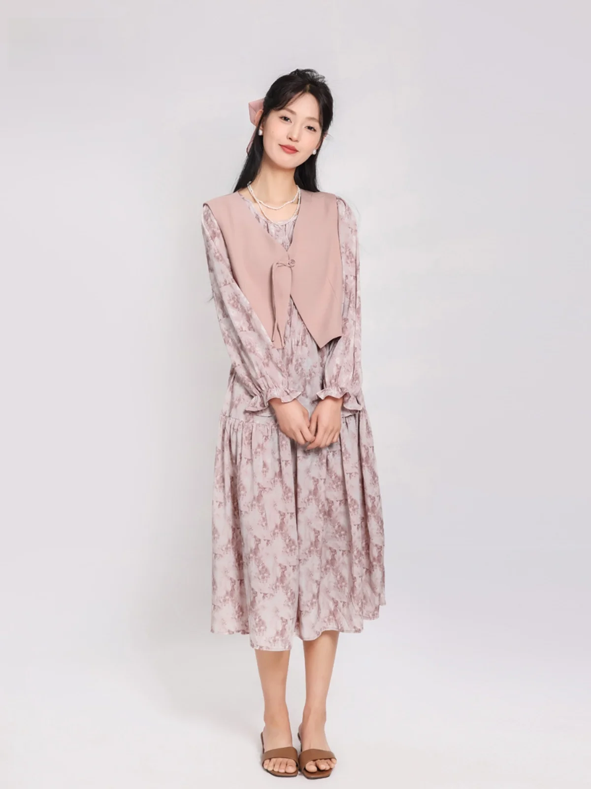 

Floral Printed Two-Piece Set Vest And Dr Summer New Arrival Faionable Women's Clothing round Ne Long Sve JYDQD