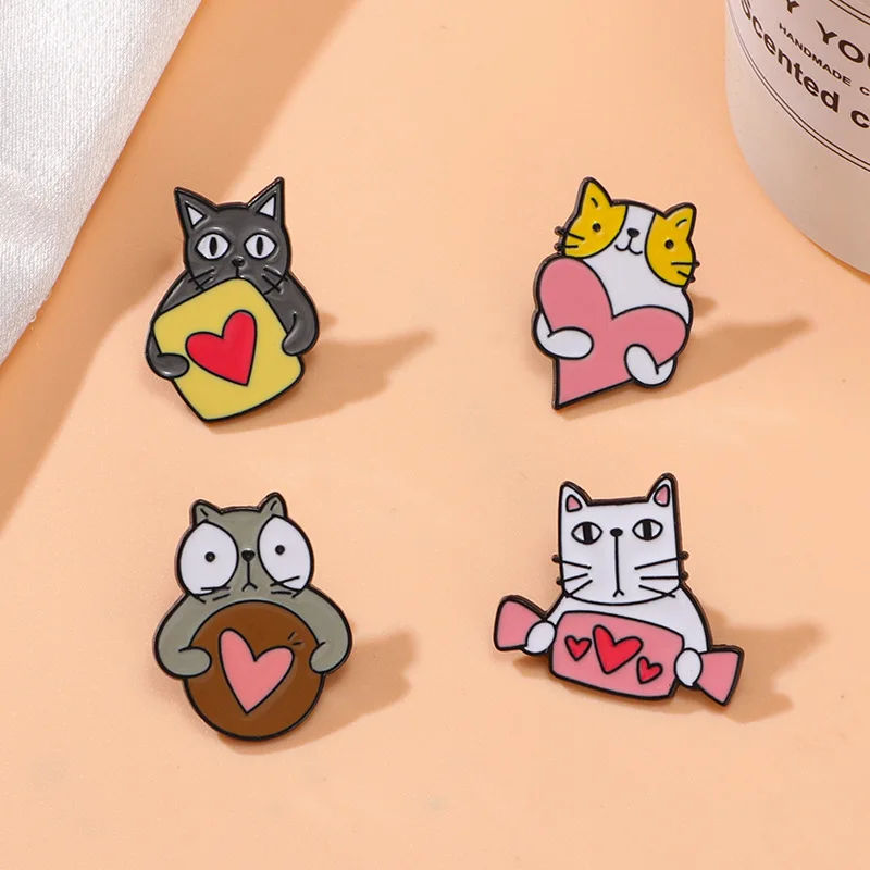 Cute Cartoon Cat Enamel Brooch Creative Goofy Animal Holding Candy Love Heart Lapel Pin Badge Backpack Clothing Hat Accessories