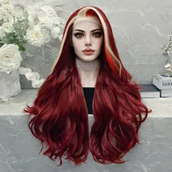 13*3 Stripe Lace Frontal Wig, 28inch Long Wavy Red with Blonde Streak Lace Front Wig,Stylish and Versatile Fake Hair