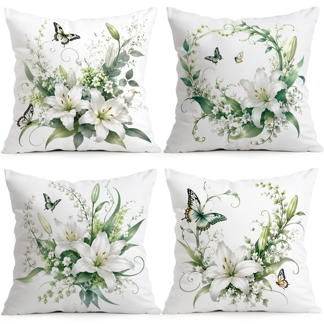 Watercolor White Lily Butterfly Cushions Pillowcase Polyester Cushion Cover Throw Pillow Pillowcover Home Car Sofa Decor