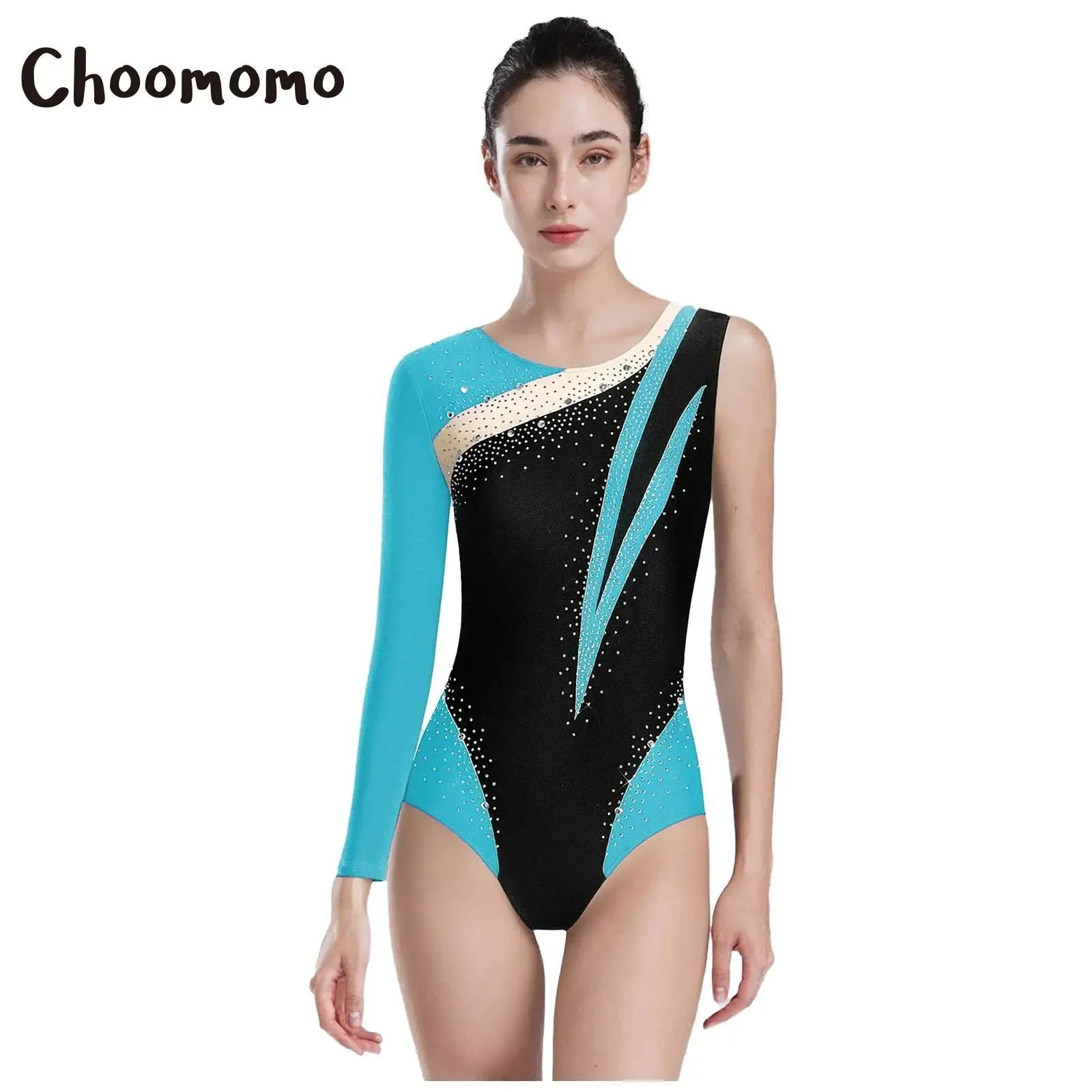 

Women Ballet Gymnastics Leotard Figure Skating Costume One Shoulder Shiny Rhinestones Color Block Asymmetrical Workout Bodysuit