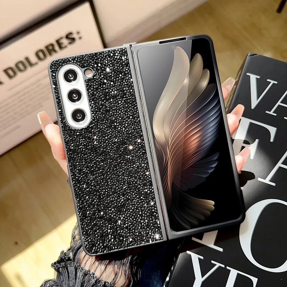 

Glitter Sequins Rhinestone Trim Phone Case For Samsung Galaxy Z Fold 5 4 3 5G Soft TPU Frame Shockproof Back Cover