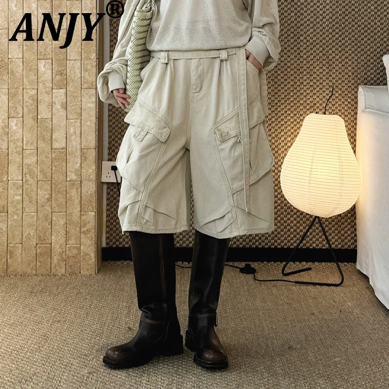 

ANJY Spring Summer New Women Tide Safari Style Multi-Pocket Patchwork Sashes Jeans Fashion Loose Casual Ins Cotton Shorts A22449