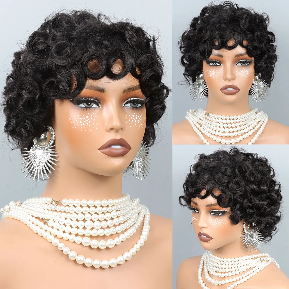 

Короткие многослойные кудрявые парики пикси-каре с челкой из натуральных волос для чернокожих женщин, машинной работы