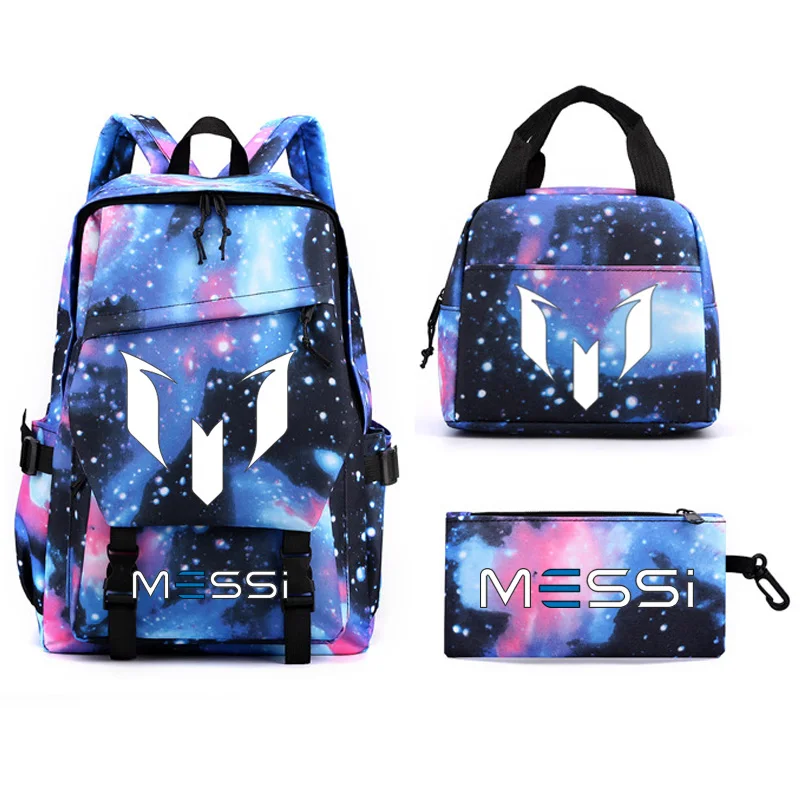 Messi Backpacks 3pcs Teens Bookbag Nylon Rucksack Football Girl Boys Backpack Women Men Lunch bags High Schoolbag Big Mochilas