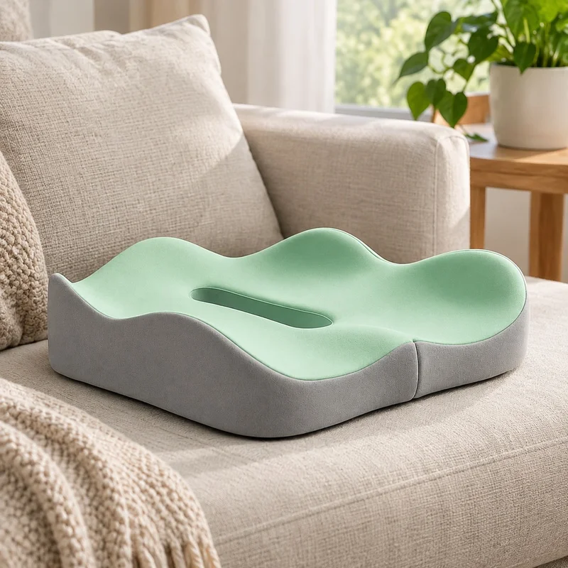 Light Green and Grey Memory Foam Cushion with Washable Polyester Cover, Ergonomic Design for Cars and Office Chairs