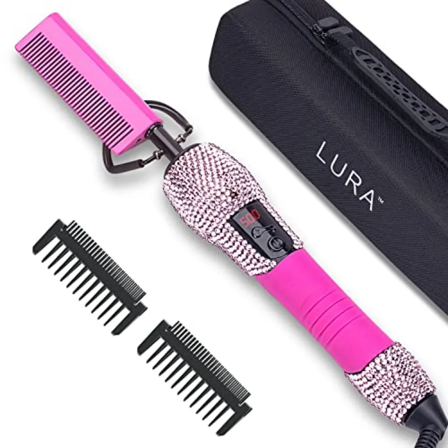 Pink 180-500F Hot Comb Electric for WigsStraightening Comb for African American Hair Pressing Combs Bling Diamonds Hair Straig