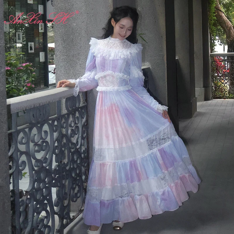 

AnXin SH принцесса фиолетовый розовый шифон с круглым вырезом и длинными рукавами, белое цветочное кружево с оборками на молнии, вечернее платье по индивидуальному заказу