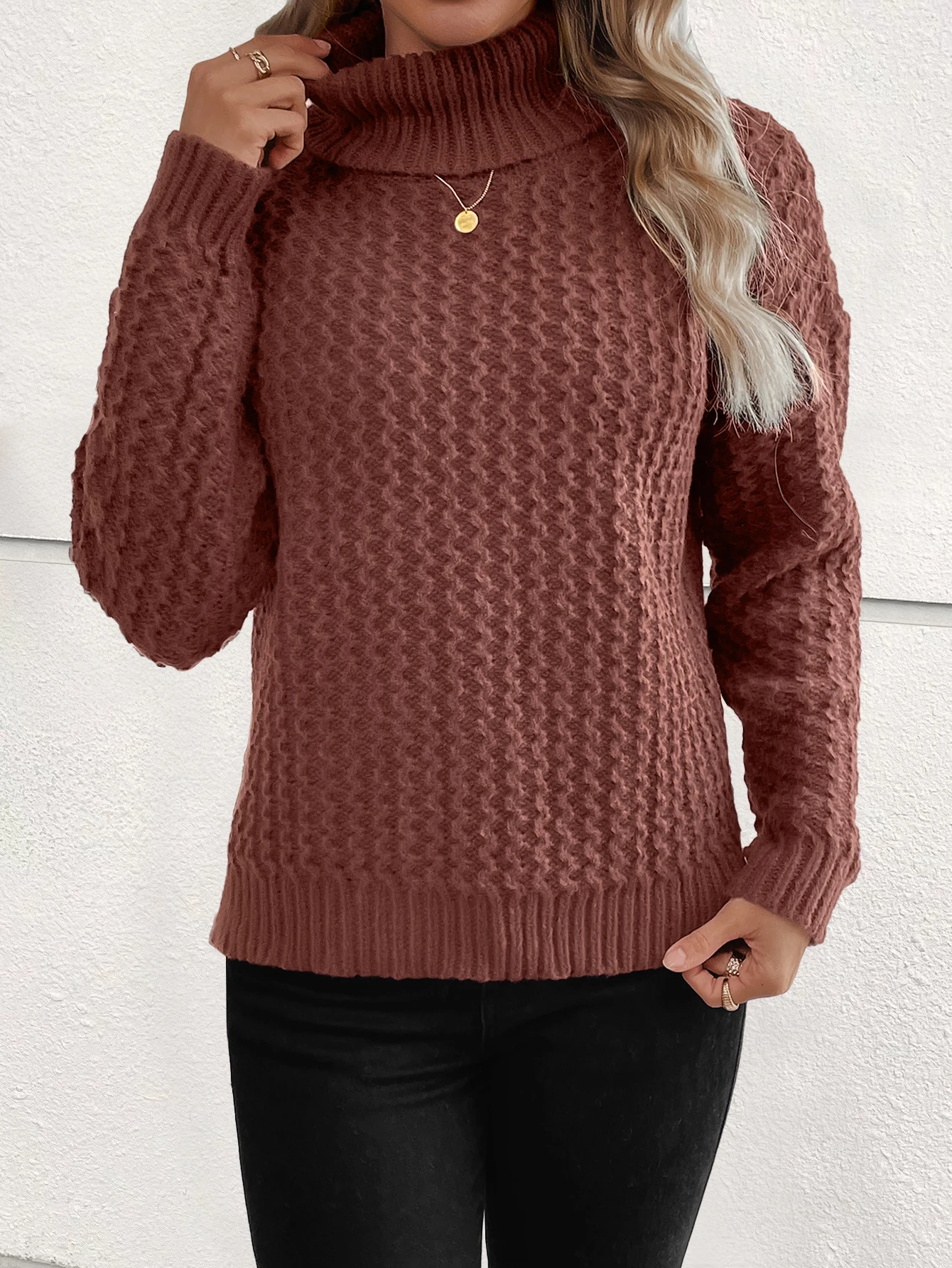 Europe and the United States women's new solid color loose casual turtleneck pullover long-sleeved sweater knitted top