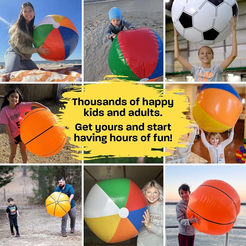 Girl blowing up a large inflatable football style beachball, Bournemouth, Dorset, England, UK, July 2019 Stock Photo