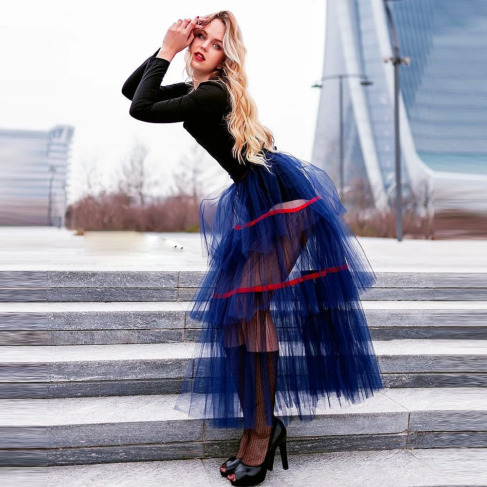 

Navy Blue See Through Birthday Skirt For Women Tiered Women's Tutu Skirts Party Wear Maxi Petticoat Sexy Holiday Skirts