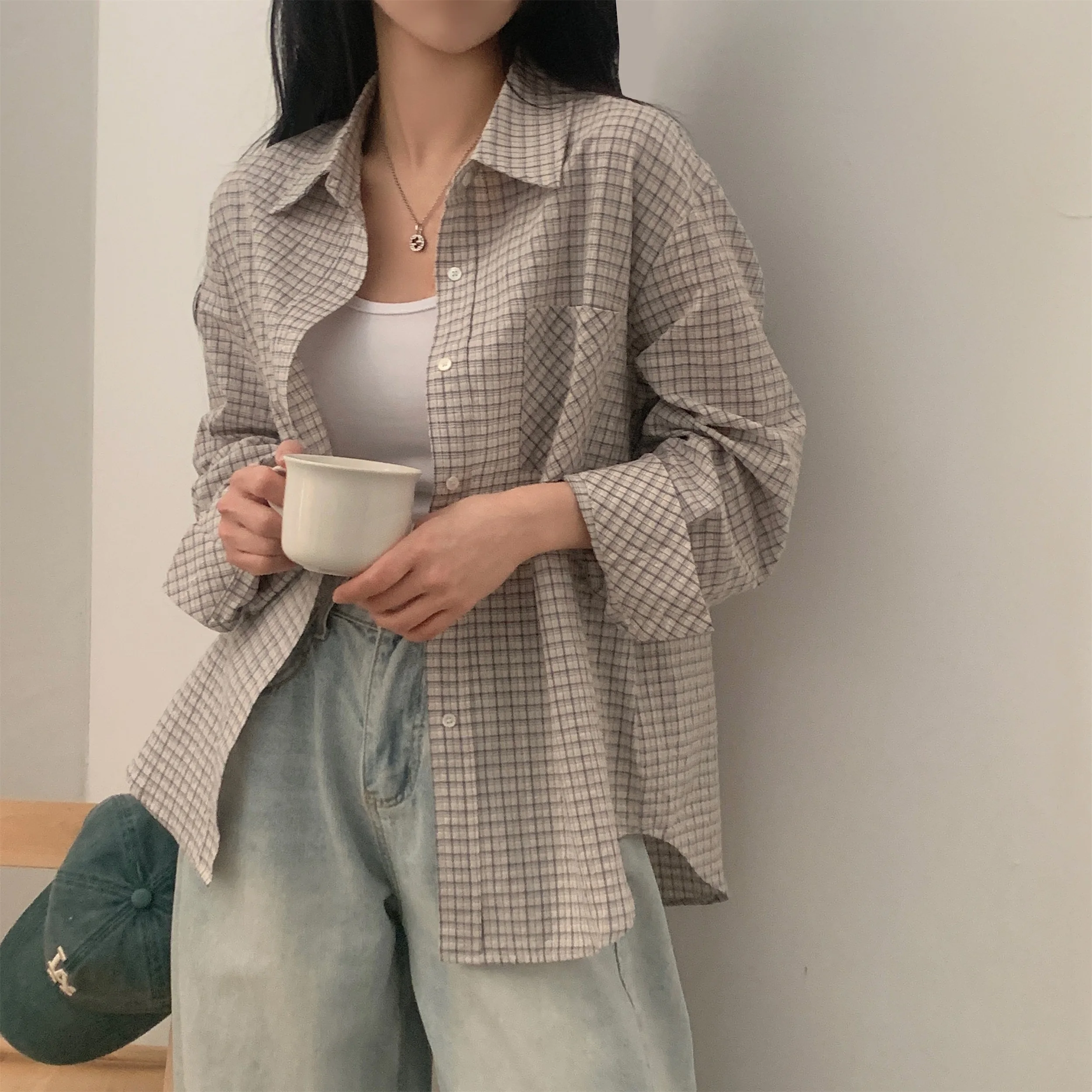 ملابس كورية Sle بزر واحد منقوشة طويلة Sve للسيدات irt عادية رقيقة لموسم الخريف ملابس فاخرة للسيدات