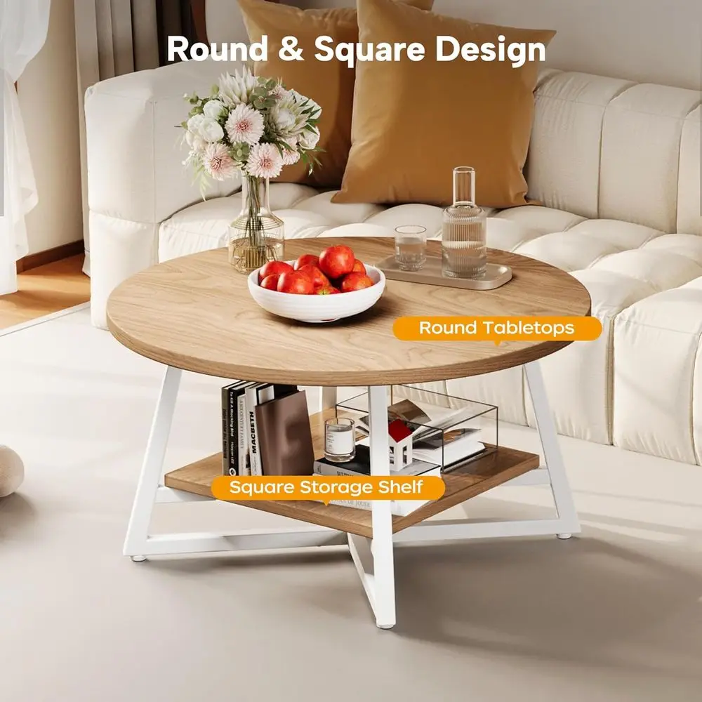 طاولة قهوة مستديرة مدمجة مع مساحة تخزين لغرفة المعيشة والمكتب المنزلي، تصميم خشبي حديث، مثالية للمساحات الصغيرة، سهلة الحمار #5