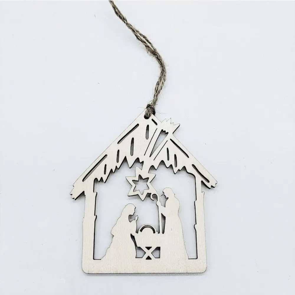 Castiçal religioso de madeira natural, pingente religioso de natal, enfeites de chip de madeira feitos à mão tradicionais
