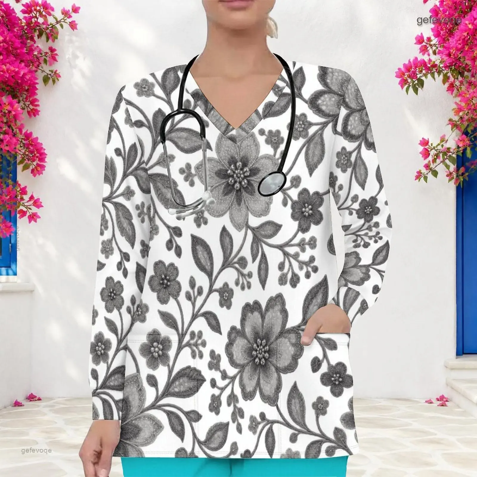 Women White Base Gray Floral Printed V Neck Long Sleeve Scrub Top with Front Pockets