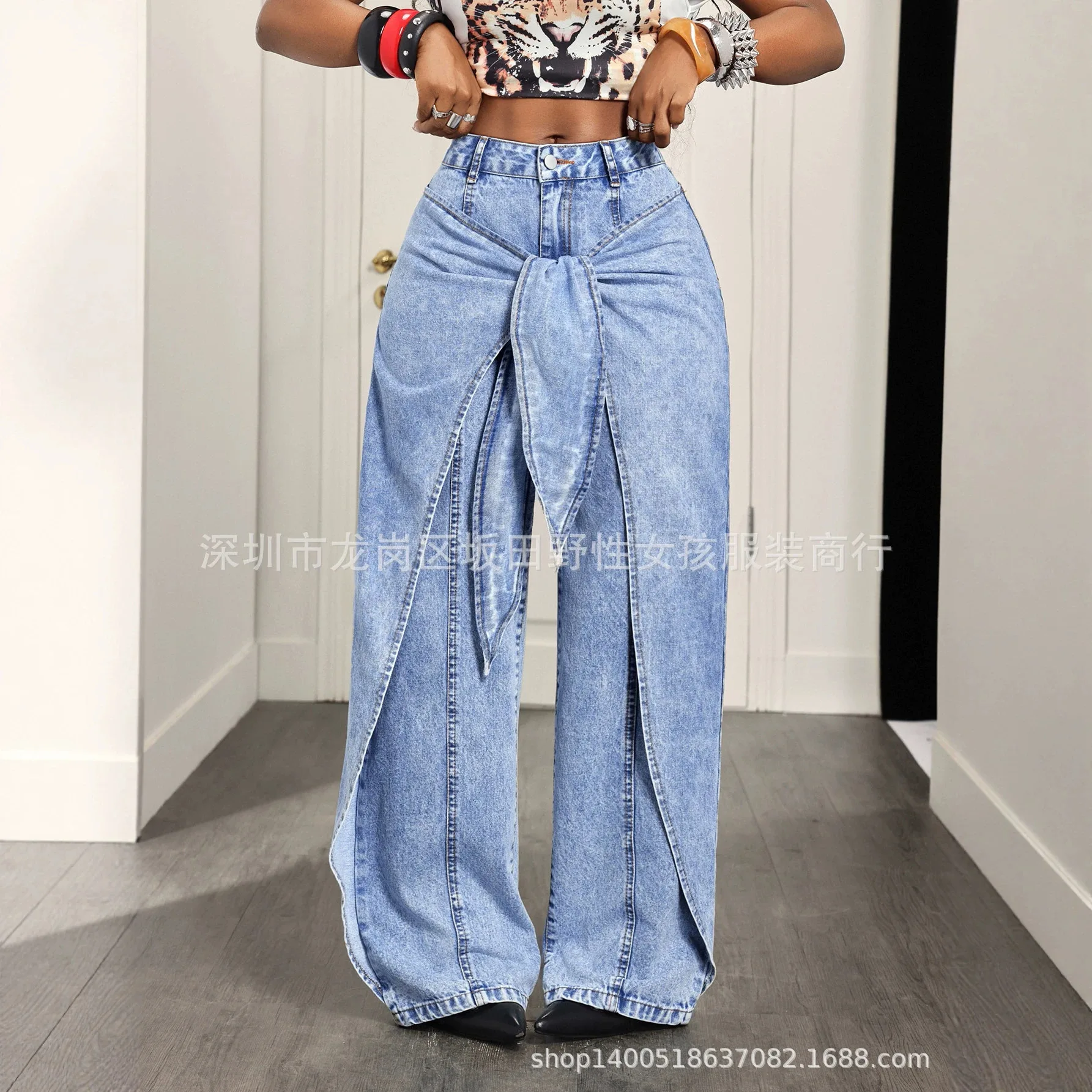 Light Blue High Waist Fake-2-piece Jeans Pants for Women Four Seasons European New Female Spliced Asymmetrical Denim Trousers