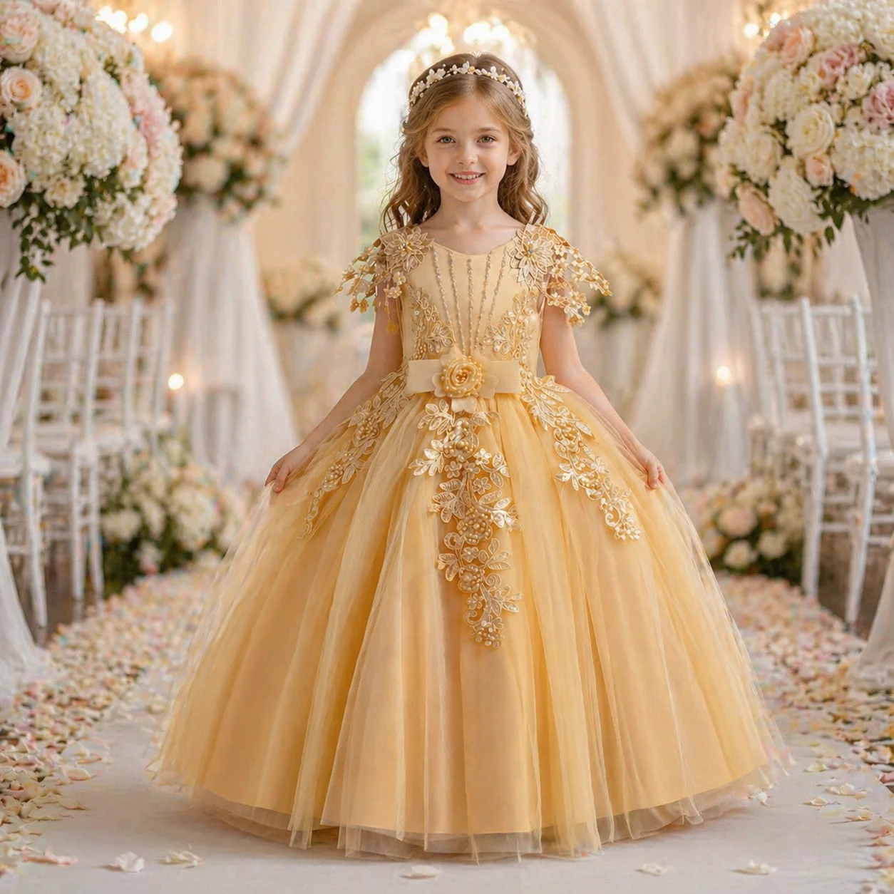 High-end Girls Elegant Party Dress Sleeveless Beaded Flower Girl Dress Children Formal Ball Gown For Wedding Birthday Pageant