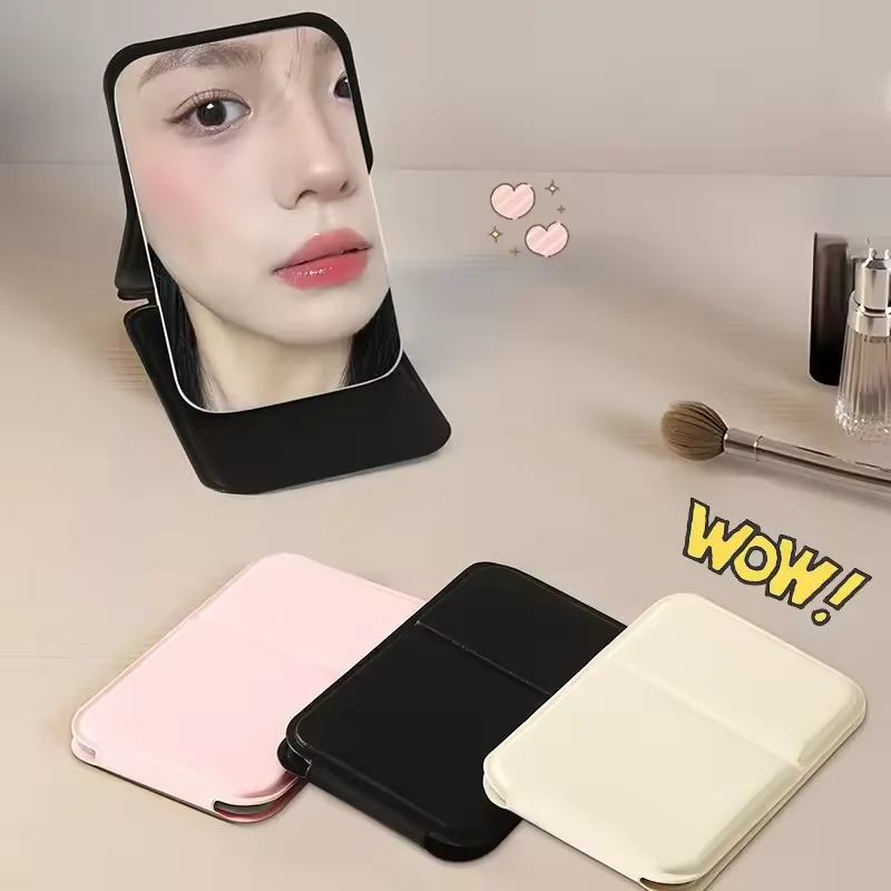 Desktop Makeup Mirror Solid Color PU Leather Simple Portable Handheld Makeup Mirror Foldable Student Compact Cute Pocket Mirror