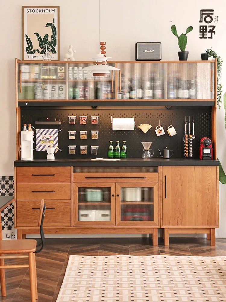 Wall high cabinet integrated locker cherry wood slate countertop, coffee side
