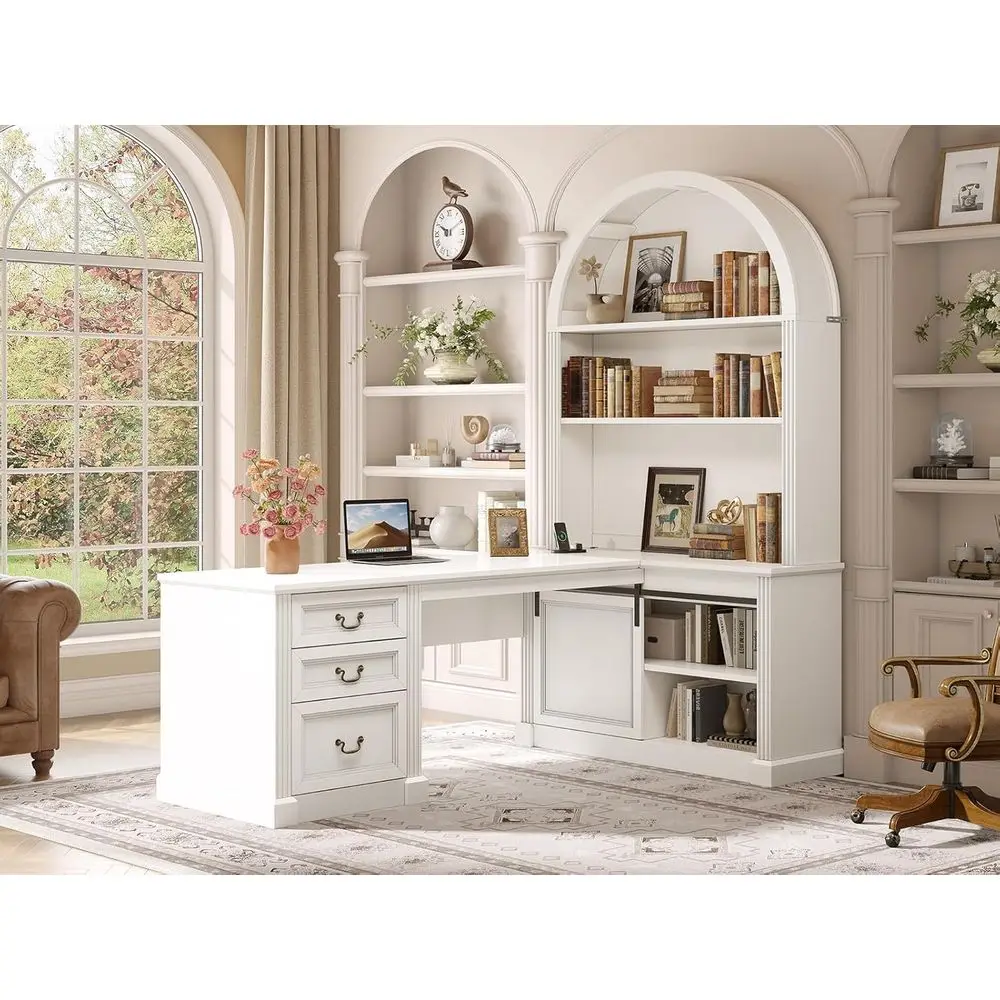 

67" L Shaped Desk with Tall Arched Bookshel, -Century Oice Computer Desk with 3 Ders and Storage Shelves, Executive Desk with Sl