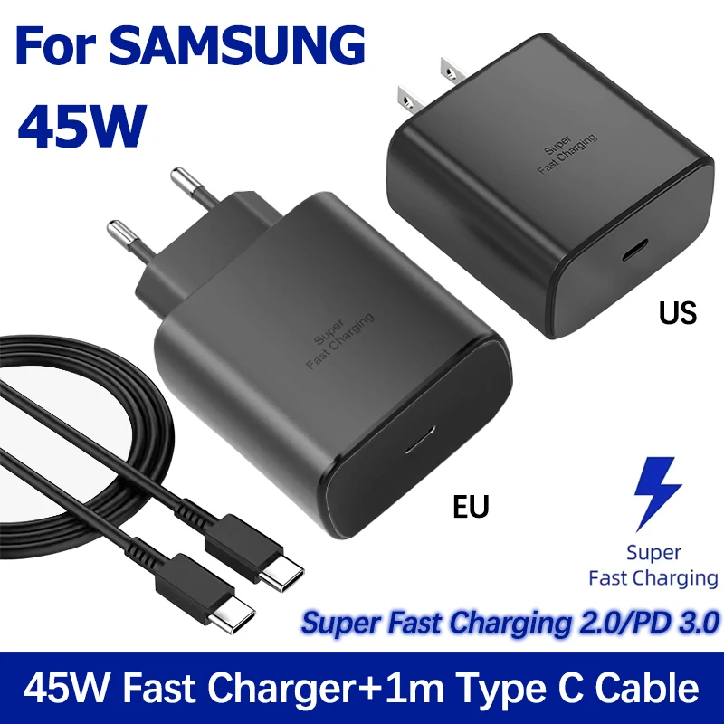 Samsung 45W PD Charger Super Fast Charging 2.0 USB Type C Wall Adapter For Galaxy S24 Plus S23 S22 Ultra A55 A35 M55 F55 Tab S9