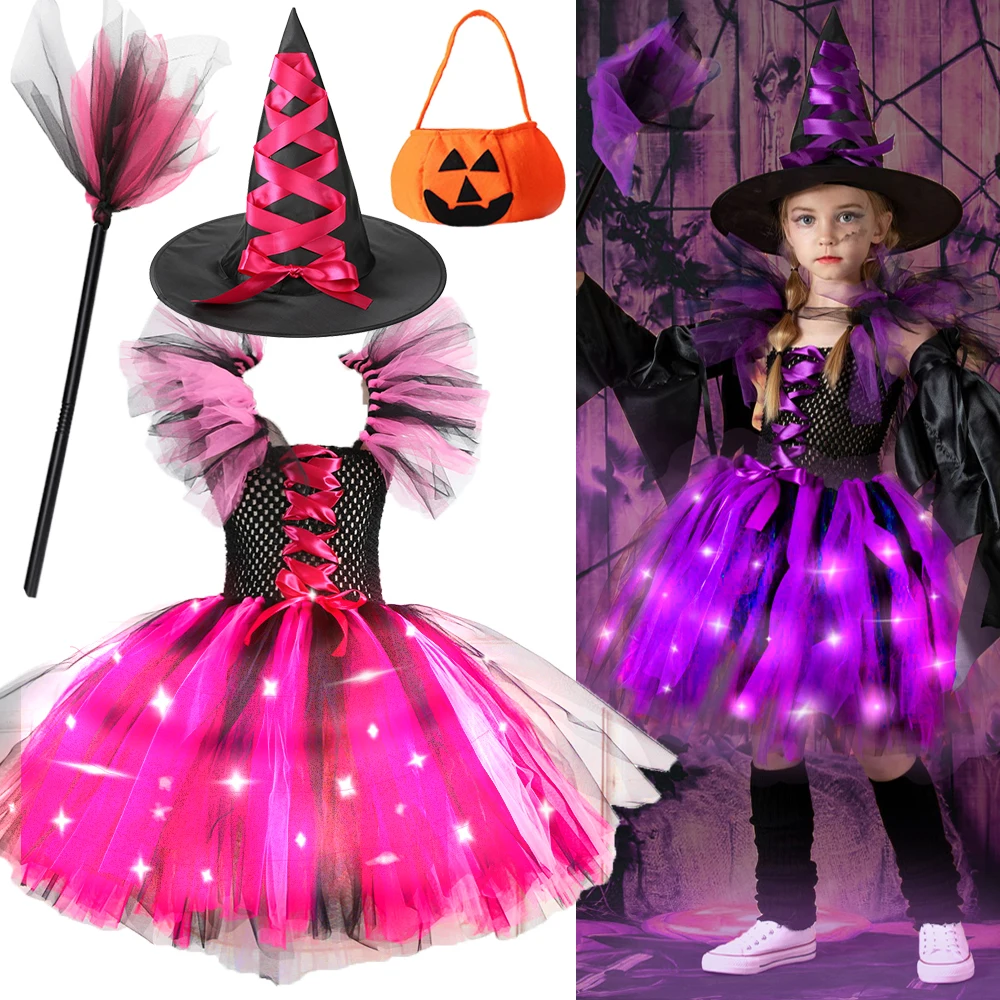 

New Halloween Carnival Party Girls Witch Costume Luminous LED Lights Tulle Tutu Dress Masquerade Vampire Devil Winifred Dress Up