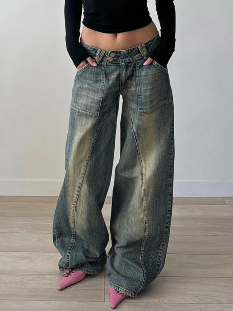 

Y2k уличная одежда с низкой посадкой, винтажные свободные джинсовые брюки, женские мешковатые потертые джинсы 90-х годов, прямые брюки с карманами, одежда в стиле Харадзюку, новинка