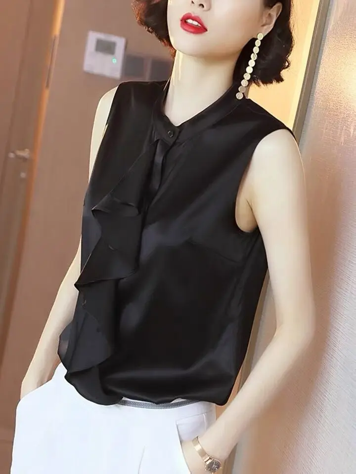 2025 صيف جديد المرأة تكدرت موضة وأنيقة قميص حريري الجليد الكورية نمط تنوعا خلات بلوزات من الساتان بلوزة أسود أبيض #2