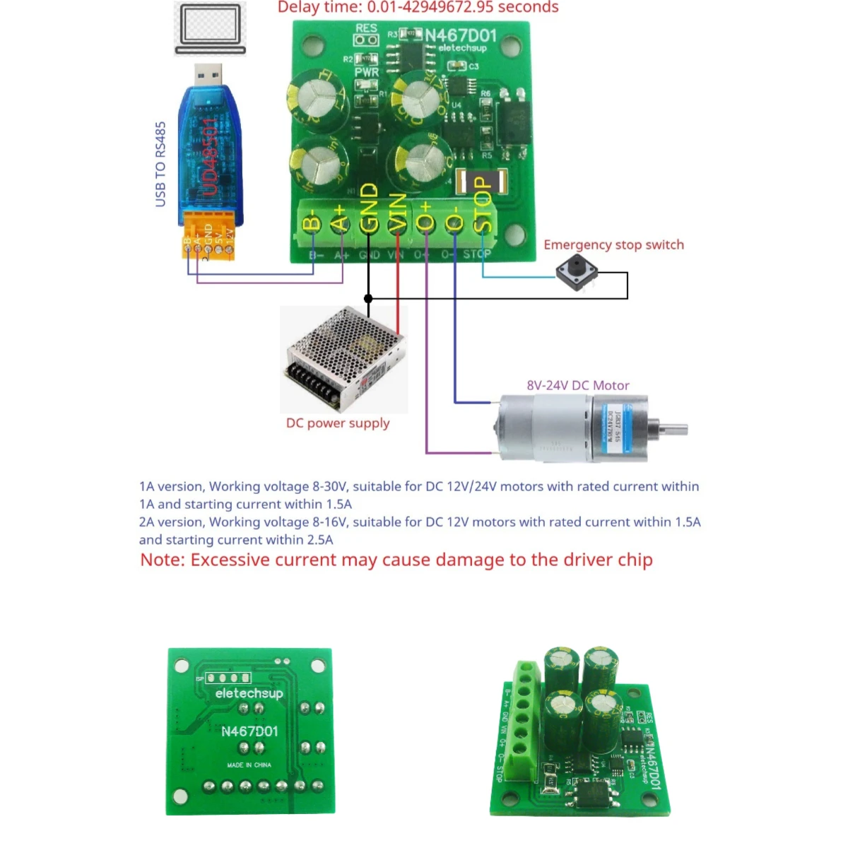 N467D01 12V 24V 1-2A RS485 MODBUS RTU Small DC Motor Controller Run Independently After Setting