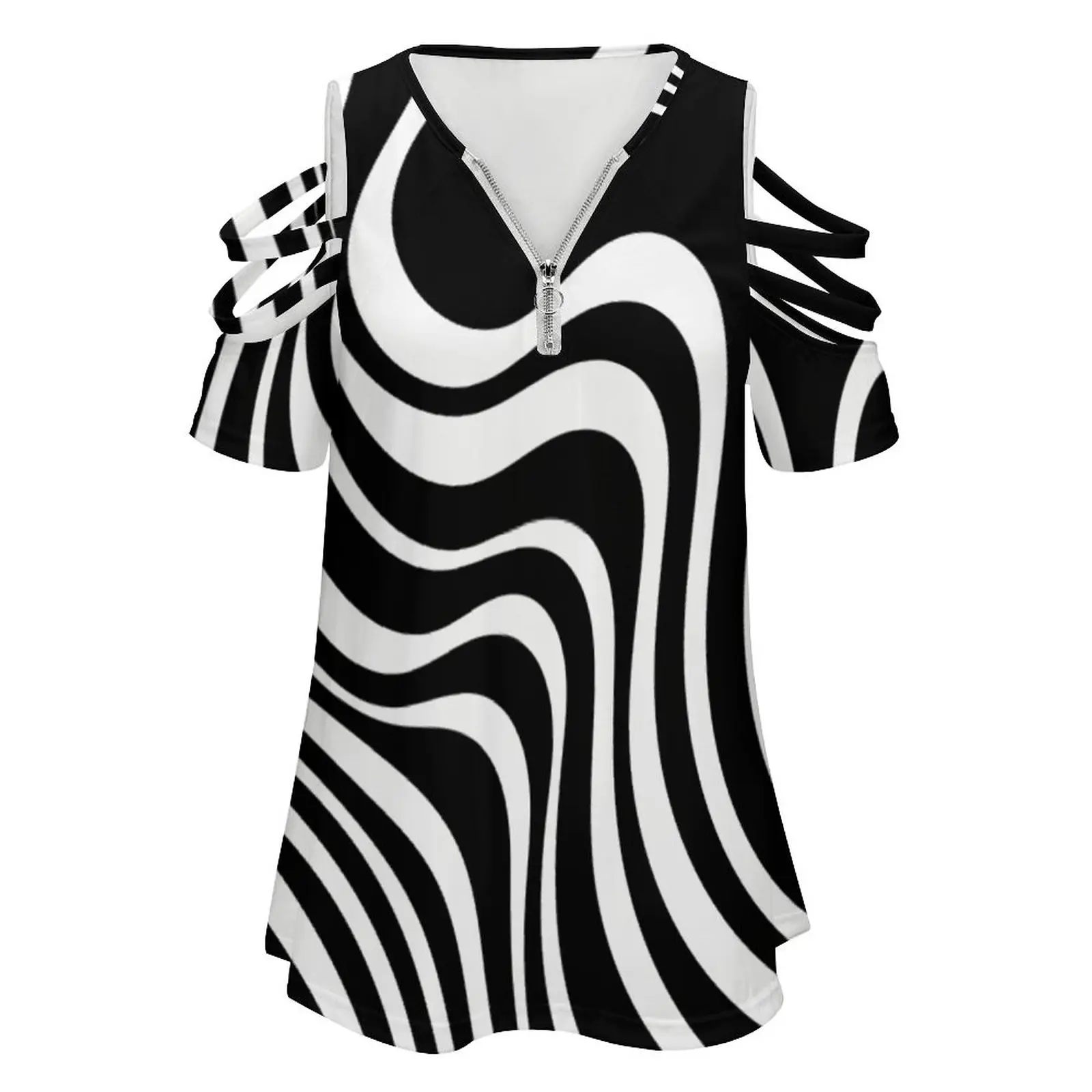 Organic Black And White Op Art Abstract Pattern Women's T-Shirt Summer Fashion Print Floral V-Neck Zipper Tshirt Hollow