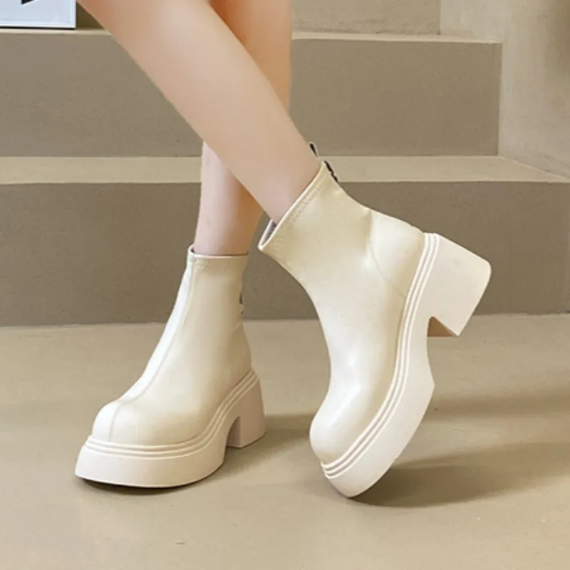 Women Platform Ankle Boots High Heels Shoes Brand High Quality Leather Winter 2024 Trend Chunky Office Shoes Elegant Botas Mujer