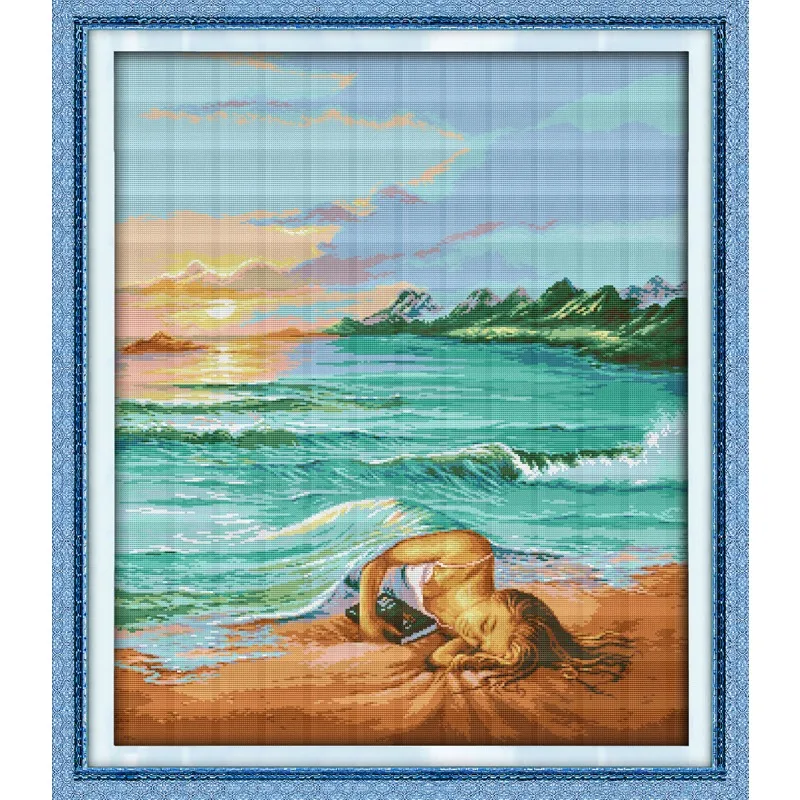 

Joy Sunday New Stamped Cross Stitch Kit,11/14/16CT DIY Easy Pattern Aida Fabric Embroidery Set-The Daughter of Sea