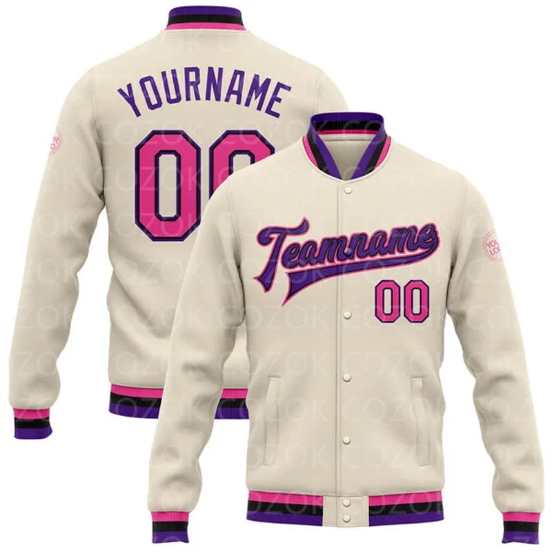 

Custom Cream Pink Color 3D Printed Baseball Button Jacket Bomber Full-Snap Varsity Letterman Jacket