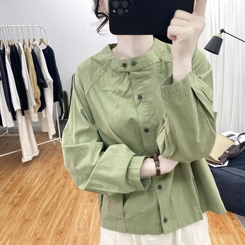 قميص نسائي كاجوال بياقة واقفة وأكمام طويلة، بلوزة مكتب متعددة الاستخدامات لتقليل العمر، بلوزة ربيع الخريف