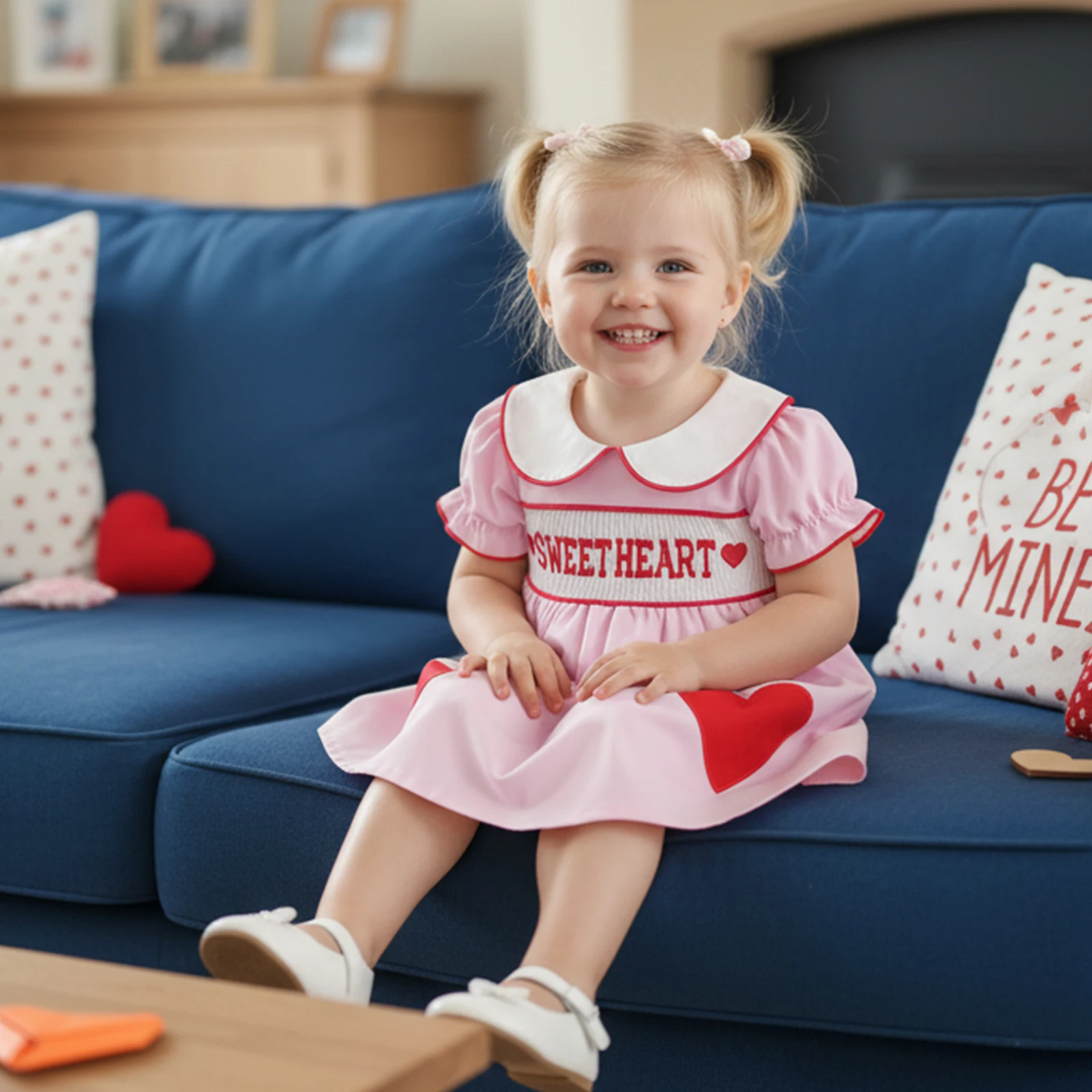 

Toddler Baby Girls Valentines Dress Loose Fit A Line Love Heart Letter Embroidery Doll Collar Short Sleeve Dress