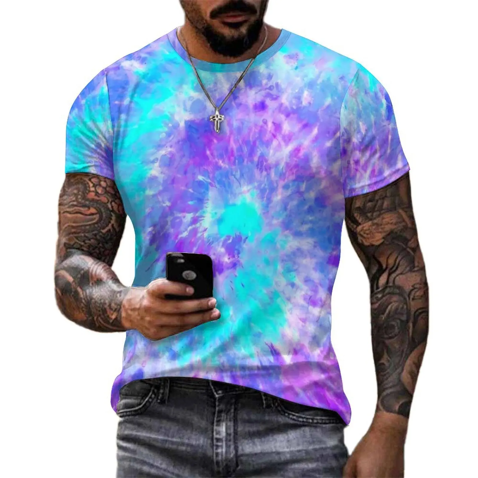 Tie Dye Swirl T-Shirt For Men Blue and Purple Custom O Neck T-Shirts Summer Vintage Clothing Short Sleeve Classic Oversized Tees