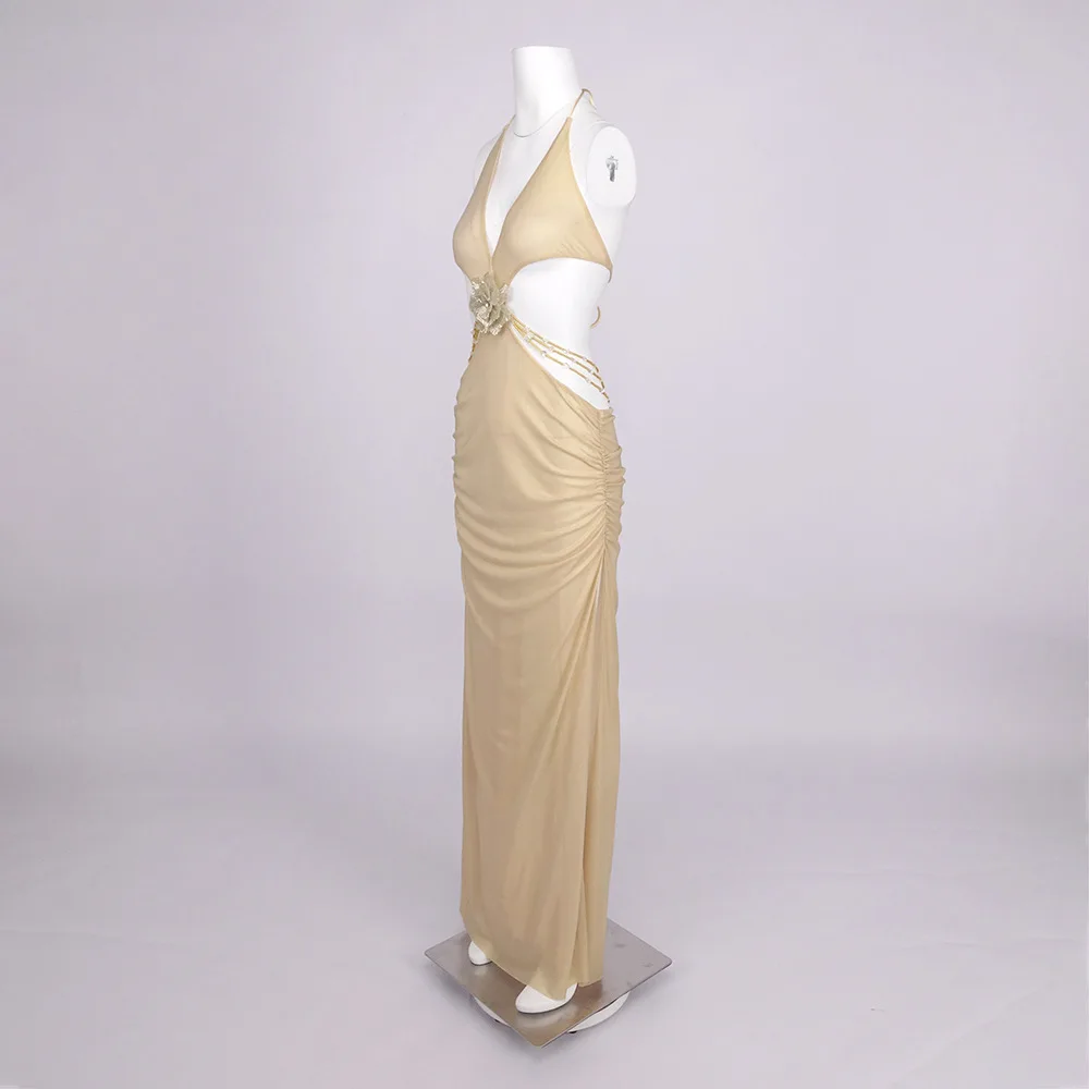 시크한 라이트 골드 컷아웃 맥시 드레스 통기성 메쉬 주름 홀터 롱 드레스 여성용 섹시 나이트 클럽 생일 파티 선 드레스