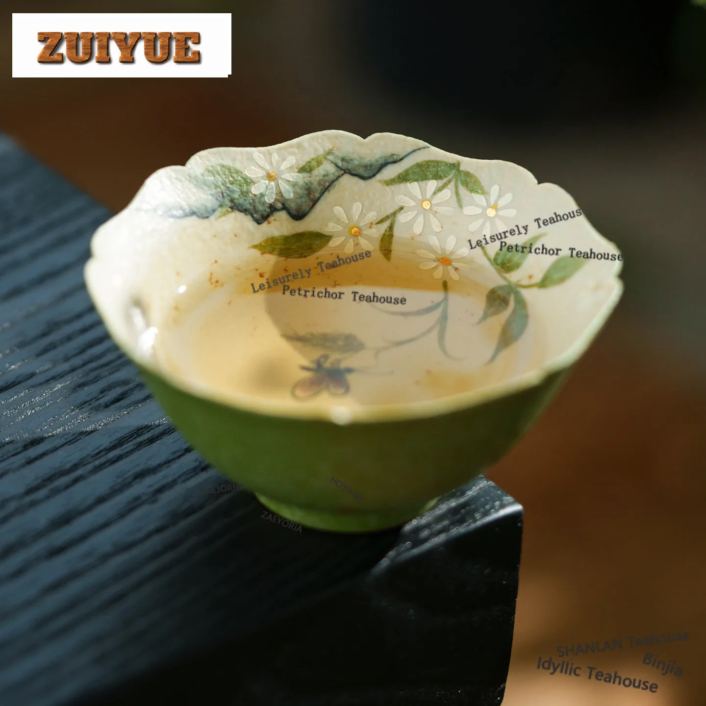 HOYIHM 70ml Citrus Green Sprinkle Gold Hand Painted Daisy Teacup Zen Tea Bowl Mug Tea-tasting Fragrance Cup Chazhan Master Cups