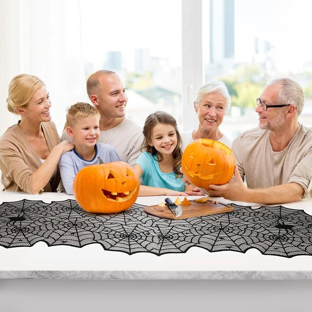 Halloween-Tischdecke, Spinnennetz-Tischläufer aus schwarzer Spitze für Halloween-Dekoration/Party-Dinner-Tischdekoration, 45 x 183 cm – Detail 1