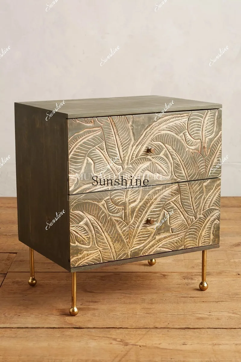 Vintage carved chest cabinet French solid wood carved palm leaf storage cabinet  FT