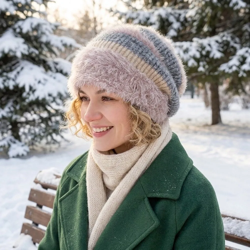 Elasticity Winter Slouchy Beanie Thick Knit Warm Plush Thick Knit Pullover Hat Fleece Lined Lightweight Stacked Hat Women