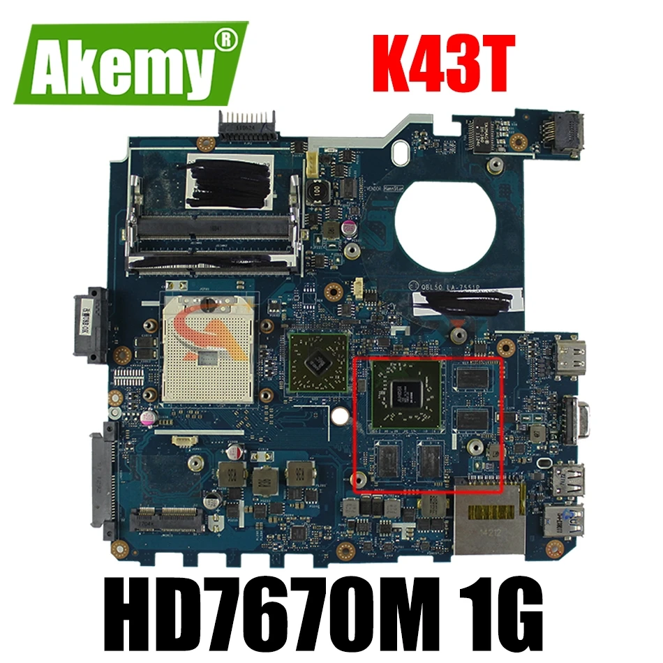 For ASUS K43T K43TA K43TK X43T laptop motherboard QBL50 LA-7551P motherboard HD7670M 1G 100% test work. Original NEW!