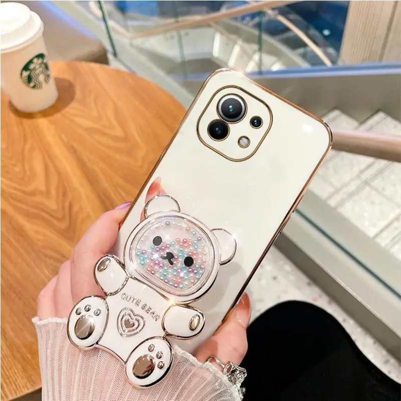 Cute Quicksand Bear Holder Plating Phone Case For Xiaomi Mi 12T 11T 12 13 10 11 Lite Mi13 13 Pro 13Lite 5G 8 9 9T Stand Cover