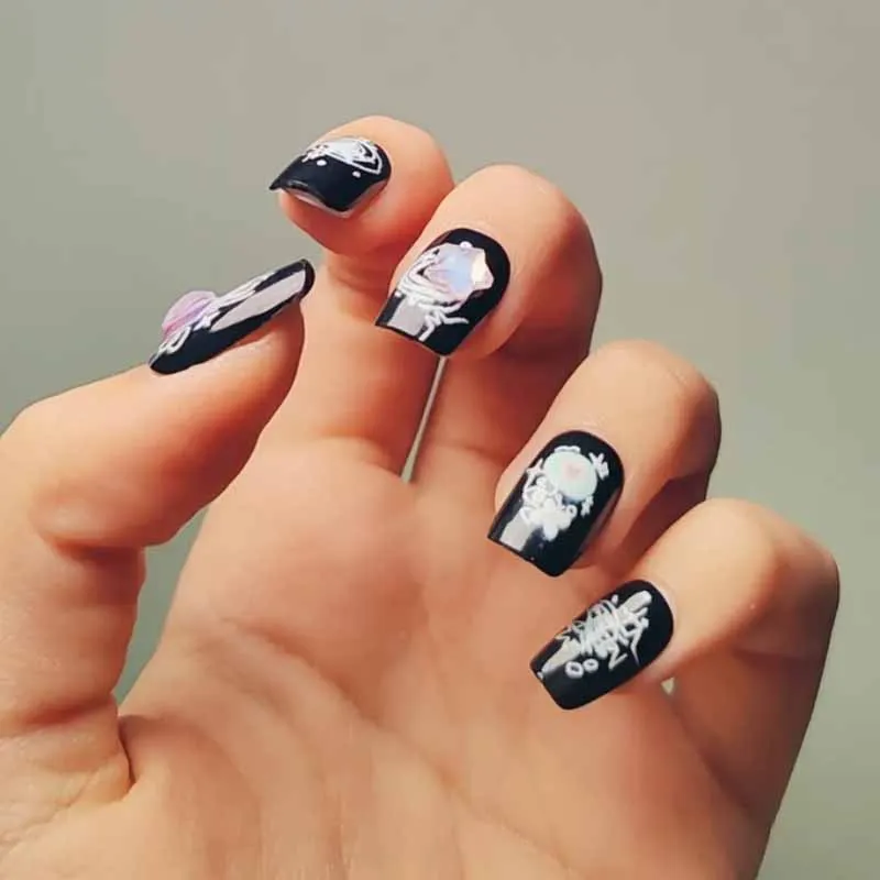 10Pcs/1 Set Women Black Jellyfish Butterfly Handmade Cat Eye High-end Press on Nails Short Square Trend Nail Stickers Nail Art
