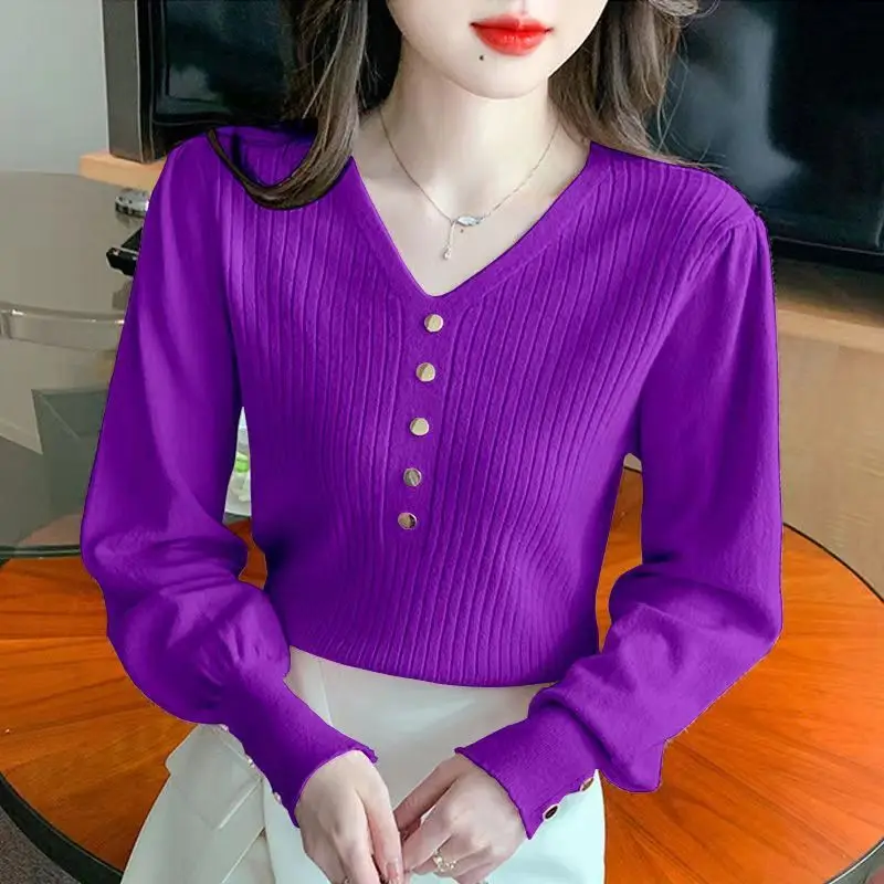 Women\'s V-neck Solid Color Pullover Sweater Button 2023 Autumn and Winter Female Clothing Fashion Loose Puff Sleeve Knitted Top