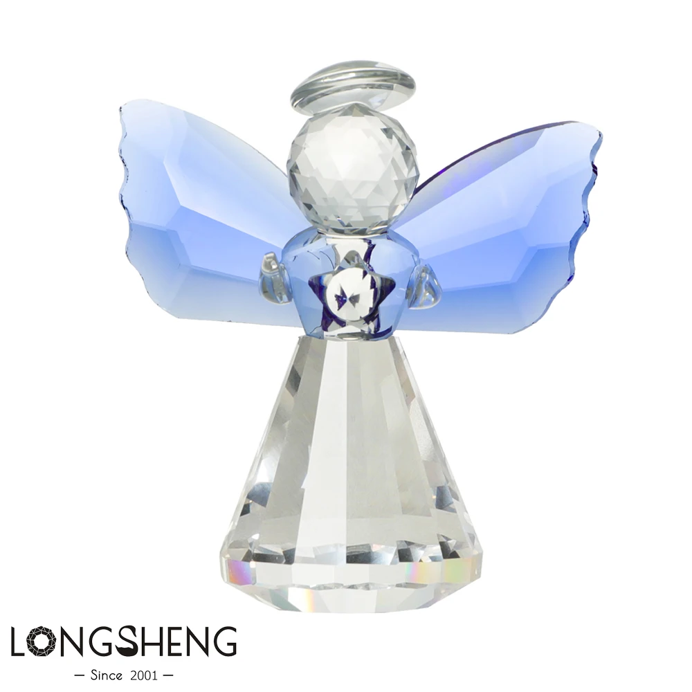 Crystal Guardian Angel Figurine Collectible Paperweight Glass Blue Wings Angel Ornament Statue Wedding Gift