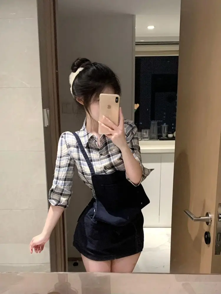 Elegant Lolita Women's 2 Piece Set Plaid Long Sleeve Shirt + Black Suspender Mini Skirt Y2k Summer Outfits Korean Fashion Female view 5