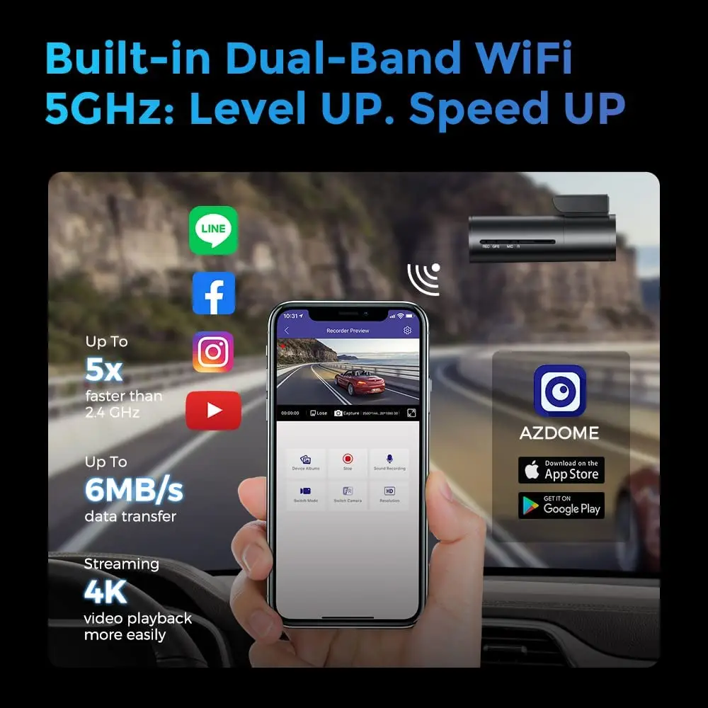 AZDOME M300S Cam 4K Front and Rear with GPS Night Vision WDR Voice Control WiFi Hidden Car Video Recorder